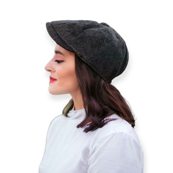 Gray Black Herringbone Tweed Newsboy Flat Cap NEW - Picture 3 of 3
